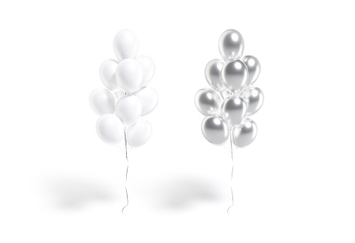 Blank white and silver round balloon bouquet mockup, front view, 3d rendering. Empty stacked foil balone composition mock up, isolated. Clear tapered inflatable balls heap ornament template.