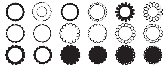 Scallop edge frames shapes. Rectangle circle border with cute lace pattern. Vector decorative collection of round frill ornament.