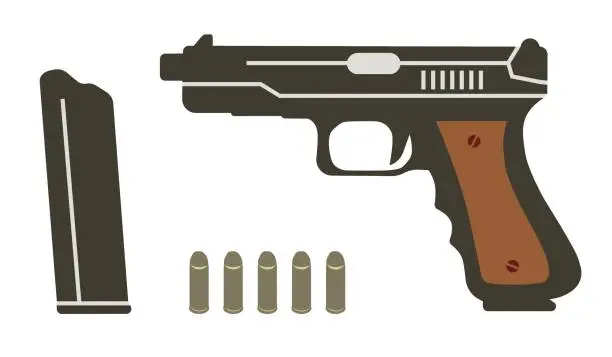 Vector illustration of Silhouette of a small-caliber pistol with cartridges. Weapons for self-defense. Vector graphics of weapons.