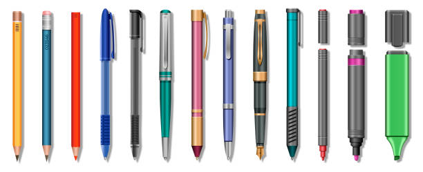 istock Realistic pencils, pens and markers. Highlighter, graphite pencil with eraser 1919651346