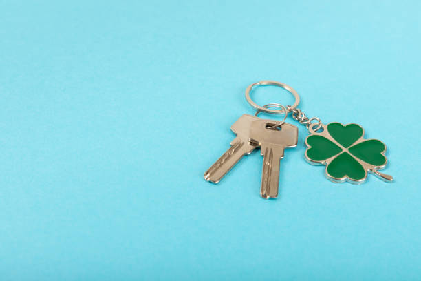 istock Keychain with key ring on a colored background. Concepts for real estate and moving home or renting property. Buying a property. Mock-up keychain.Copy space. 1919662299