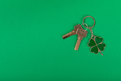 Keychain with key ring on a colored background. Concepts for real estate and moving home or renting property. Buying a property. Mock-up keychain.Copy space.
