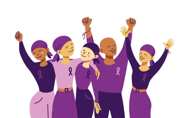 Vector illustration of World cancer day. Group of people supporting each other in the fight against with cancer. Banner. Vector.