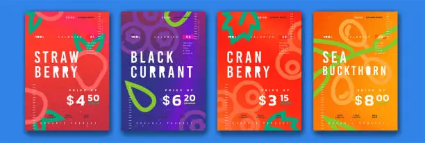 Vector illustration of Studio poster. Geometry fruit cards. Abstract strawberry, cranberry and blackcurrant food patterns, creative flyer. Tropical discount offer, sale vertical banner. Vector exact background