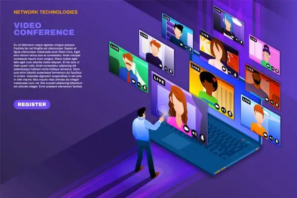 Vector illustration of Online video conference. Webinar register. Landing page. Business group call. Communication in web office. People on screen. Internet seminar. Website banner. Vector isometric concept