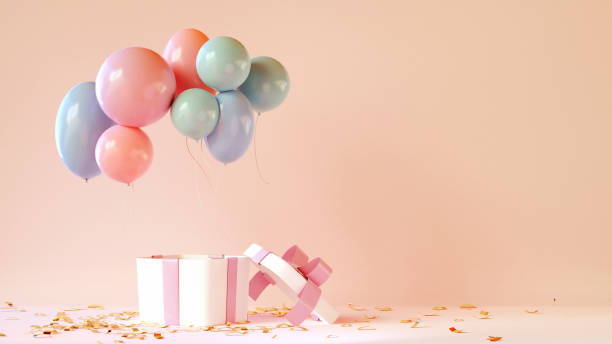 istock Open gifts box present with balloons and confetti. 3d render 1919673898