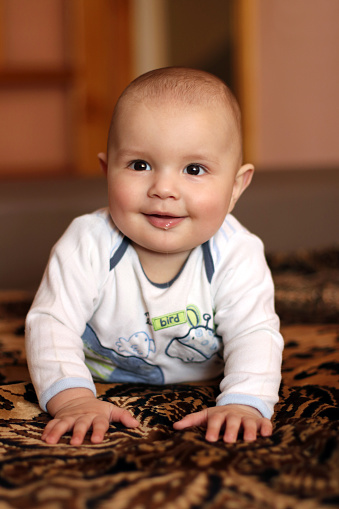 The little boy, lying on the sofa, raised his head.