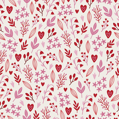 Valentine's Day seamless pattern with flowers, leaves, berries and hearts on white background. Perfect for wallpaper, gift paper, greeting cards. Vector illustration