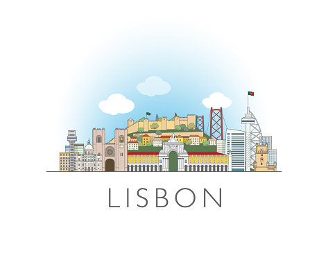 Lisbon, Portugal cityscape line art style vector illustration stock illustration