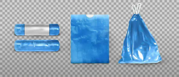 Vector illustration of Plastic bags. Garbage blue bag with handles. Trash roll, blue package mockup, waste sack or can, full with strings, empty and full polyethylene pack, refuse. Vector exact isolated set