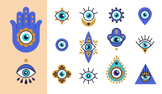 Turkish eye. Hamsa, blue greek pattern on hand, greece print or glass amulet, nazar tree symbol, art bead. Luck and protection sign, mystical talisman. Vector tidy flat illustration isolated icons
