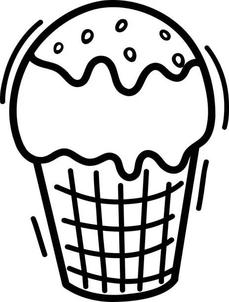 Vector illustration of A cute ice cream cone. Sweet food. Vector illustration, hand-drawn in the style of doodles. Perfect for various designs, postcards, decorations, logos, menus.