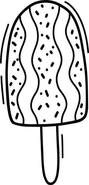 Vector illustration of Ice cream on a stick. A black and white sketch on a transparent background. Vector illustration.Sweet food. Perfect for various designs, postcards, decorations, logos, menus.