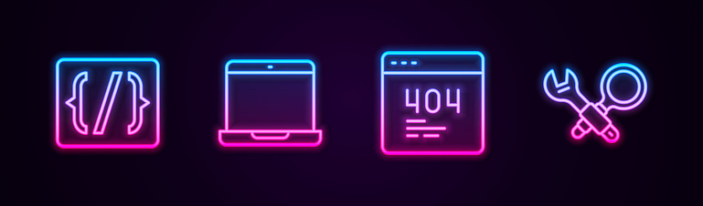 Set line Programming language syntax, Laptop, Page with 404 error and Debugging. Glowing neon icon. Vector.