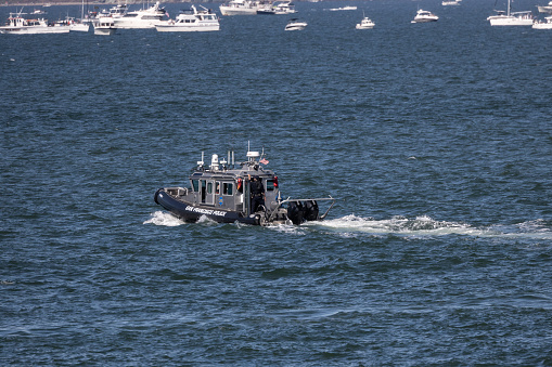 San Francisco, United States – October 07, 2023: A police boat patrolling during Fleet Week Airshow in San Francisco
