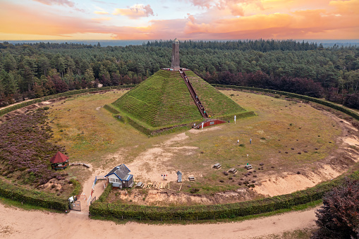 Aerial from the pyramid from Austerlitz, amonument dedicated to Napoleon Bonaparte, situated in the Netherlands at Utrechtse Heuvelrug at sunset