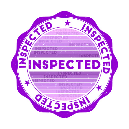 Inspected badge. Grunge word round stamp with texture in Nebula color theme. Vintage style geometric inspected seal with gradient stripes. Elegant vector illustration.