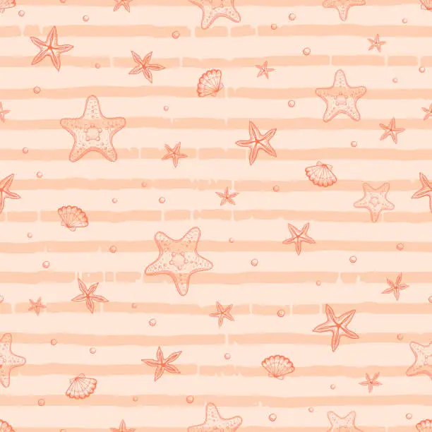 Vector illustration of Starfish seamless background. Abstract seashell sea pattern. Spring, summer star fish fashion design, pastel palette. Interior, cloth fabric