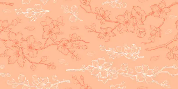 Vector illustration of Peach seamless background with abstract peach tree blossom. Seamless spring fashion, interior design palette. Trendy pastel cloth, fabric, textile