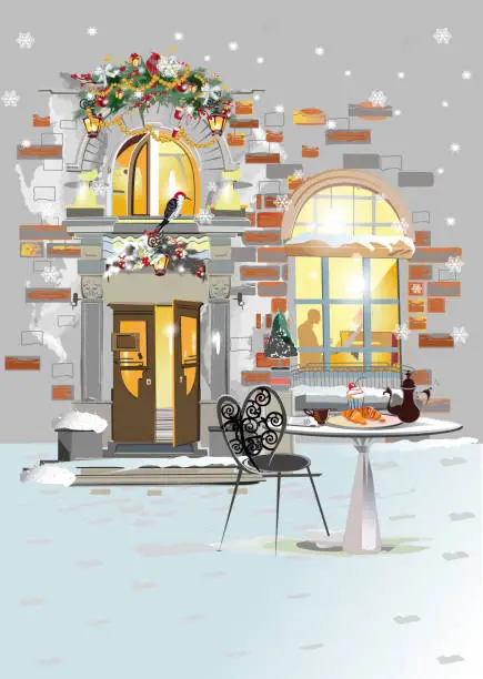 Vector illustration of Series of backgrounds decorated with flowers, old town views and street cafes. Café window.