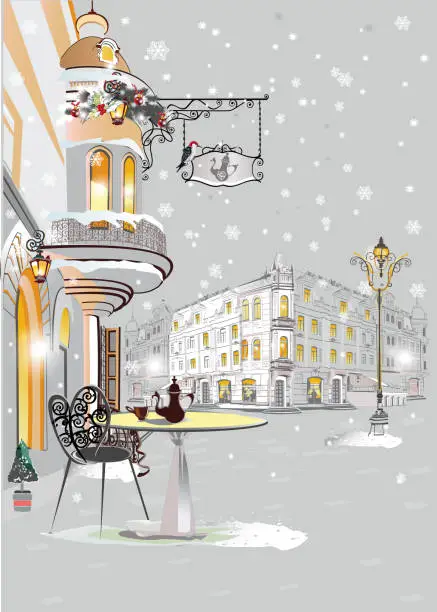 Vector illustration of Series of backgrounds decorated with snow, old town views and street cafes.    Hand drawn vector architectural background.