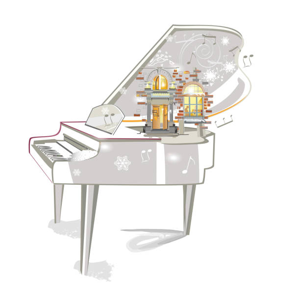 istock Abstract musical design with a piano and street cafe, notes and waves. 1919748721