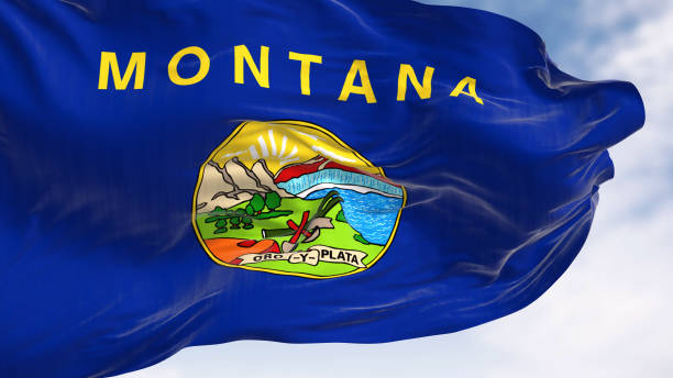 montana state flag waving the wind on a clear da - montana flag us state flag banner imagens e fotografias de stock