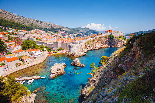 Aerial view at famous european travel destination city of Dubrovnik - Fort Bokar seen from south old walls on a sunny day. Location place Croatia, South Dalmatia, Europe. Discover the beauty of earth.