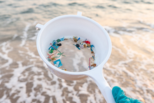 Focusing on hand, Young woman sifting microplastics from the seawater using a colander while spending time as beach cleaning volunteer - Environmental problem, pollution, and ecosystem warning concept