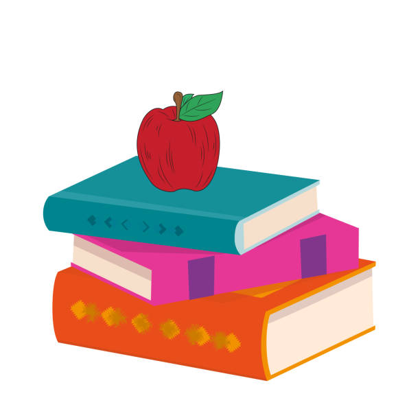 흰색 배경에 사과가 있는 다양한 장르의 책이 쌓여 있습니다. 읽기 개념. 책 축제. 인사말 카드, 포스터, 패치, 옷, 엠블럼에 인쇄물 디자인. 다양한 색상의 책. - apple stack white backgrounds stock illustrations