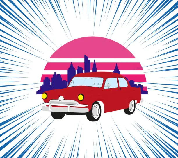Vector illustration of Retro car against the background of a landscape of skyscrapers and sunset.. City background. Speed lines. Design of greeting cards, posters, patches, prints on clothes, emblems. Retro car.