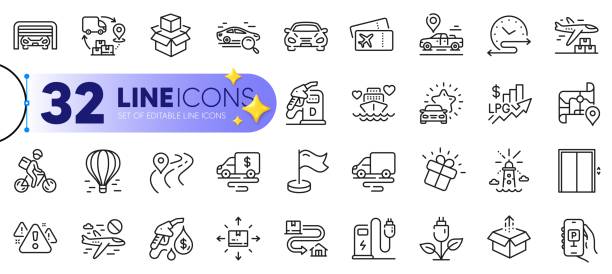 Outline set of Diesel station, Tracking parcel and Car review line icons. For web app. Vector Outline set of Diesel station, Tracking parcel and Car review line icons for web with Parking garage, Charging station, Cash transit thin icon. Road, Boarding pass, Parking app pictogram icon. Vector cash in transit vehicle stock illustrations