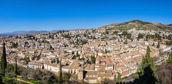 Granada, Spain - August 30, 2016: Panoramic view of Alcazaba of Alhambra and Albaycin (Albaicin, Albayzín, Albaicín), an old Muslim district of Granada