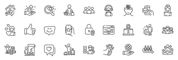 Vector illustration of Icons pack as Hospital nurse, Support and Anxiety line icons. For web app. Vector