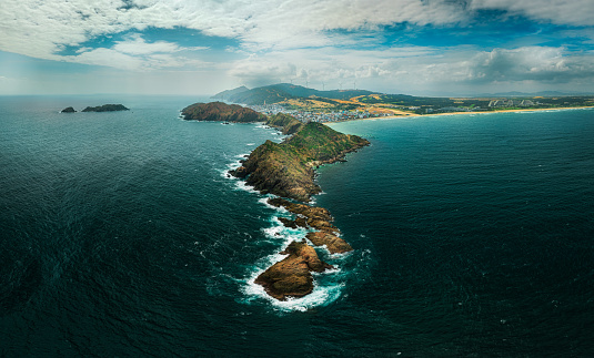 Drone view Eo Gio headland in Quy Nhon, in a overcast day- Binh Dinh province, central Vietnam