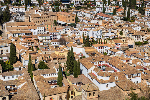 View on the old town of Granada, characterized by whitewashed buildings and narrow streets