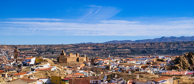 View towards the old town of Guadix, with the fortress of the Alcazaba, that began to be built around the 10th century