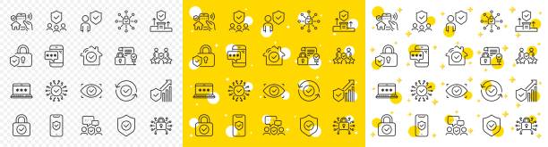 security line icons. cyber lock, password, unlock. guard, shield, home security system. vector - circle wireless technology application software group of people点のイラスト素材／クリップアート素材／マンガ素材／アイコン素材