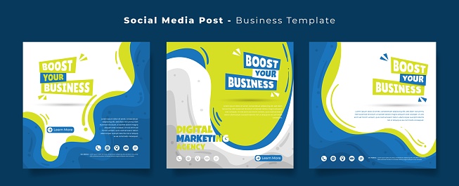 Social media post template with waving green and blue background