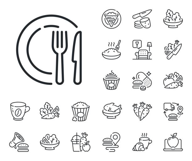 illustrazioni stock, clip art, cartoni animati e icone di tendenza di icona della linea del piatto. segno del piatto per alimenti per stoviglie. crepe, popcorn dolci e insalata. vettore - cucina immagine