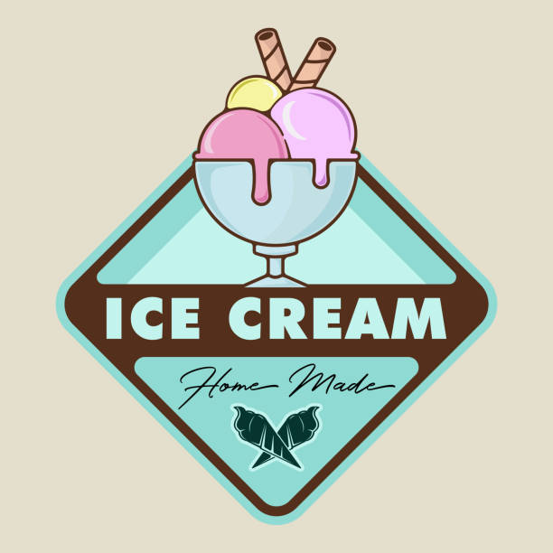 eiskugeln in der schüssel logo emblem vektor illustration vorlage icon grafikdesign. gelateria-schild und symbol für business-shop-café mit badge-typografie-stil - schokolade typografie stock-grafiken, -clipart, -cartoons und -symbole