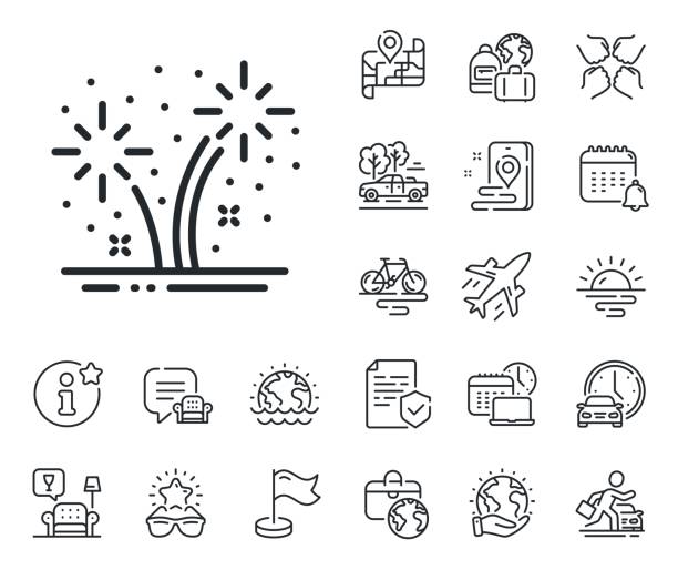 fireworks line icon. pyrotechnic salute sign. plane jet, travel map and baggage claim. vector - car rental flash stock-grafiken, -clipart, -cartoons und -symbole