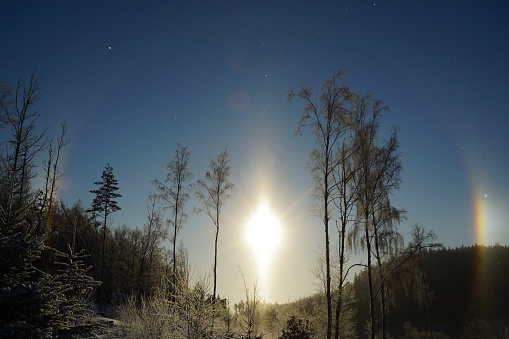 Beautiful sun halo captured in the Swedish forest, an optical phenomenon produced by light interacting with ice crystals suspended in the atmosphere.