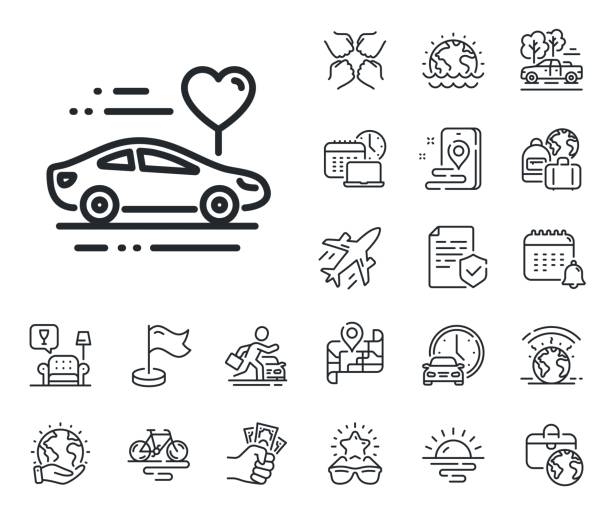 Honeymoon travel line icon. Love car trip sign. Plane jet, travel map and baggage claim. Vector Love car trip sign. Plane jet, travel map and baggage claim outline icons. Honeymoon travel line icon. Valentines day transport symbol. Honeymoon travel line sign. Vector airport sunrise stock illustrations