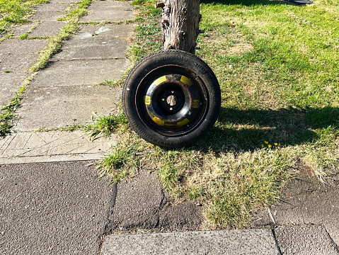Car tyre and wheel leaning against a tree in a garden