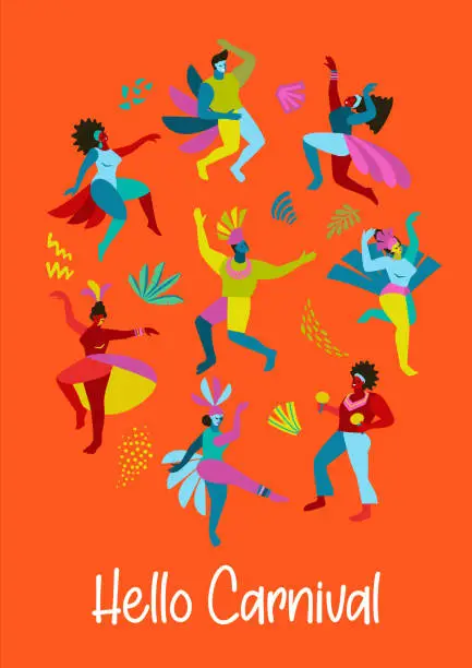 Vector illustration of Template with abstract men and women in bright costumes. Brazil carnival. Vector design for carnival concept and other