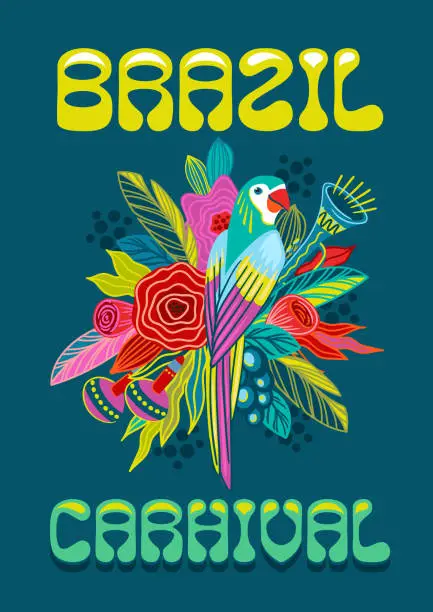 Vector illustration of Template with flowers and parrot. Brazil carnival. Vector design for carnival concept and other