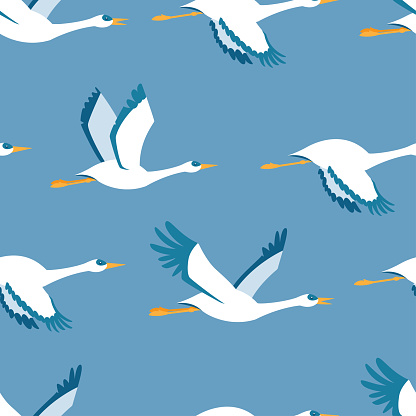 Storks, crane vector cartoon seamless pattern.