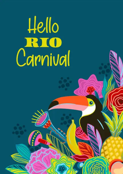 Vector illustration of Template with flowers and toucan. Brazil carnival. Vector design for carnival concept and other