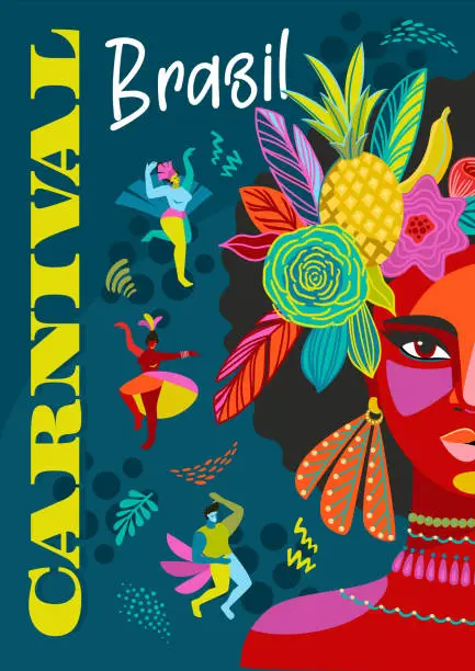 Vector illustration of Poster with portrait of woman in brazil carnival outfit. Vector abstract illustration. Design for carnival concept and other
